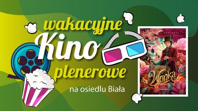 Grafika promująca Wakacyjne Kino Plenerowe z seansem filmu "Wonka"